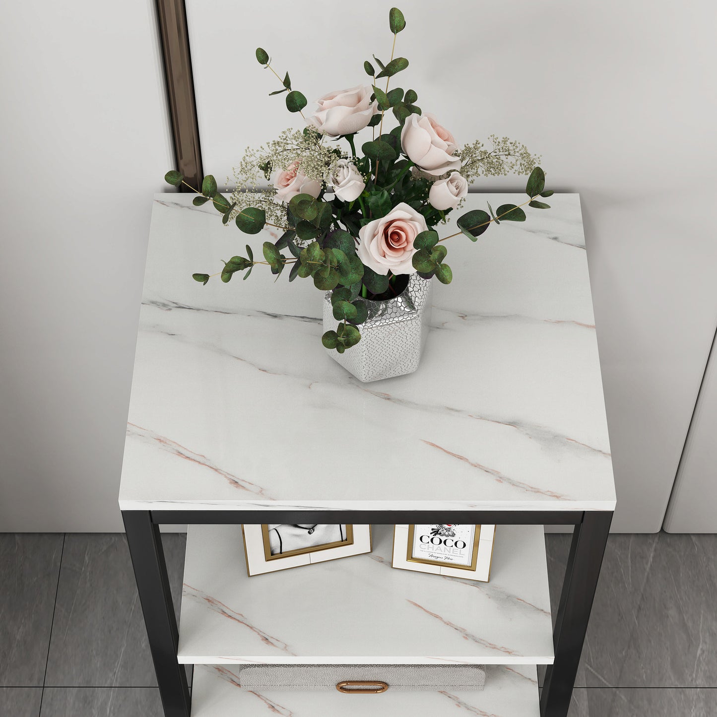 Synergy Luxury Marble Look Side Table Nightstand (White)