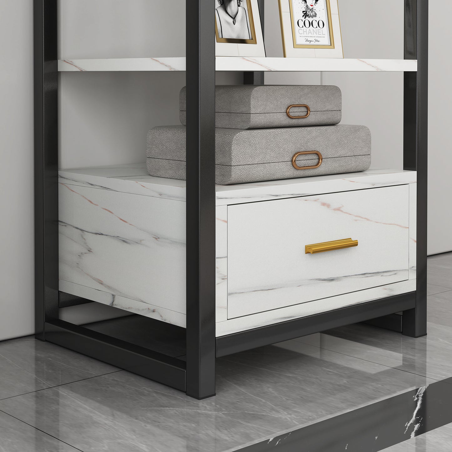 Synergy Luxury Marble Look Side Table Nightstand (White)