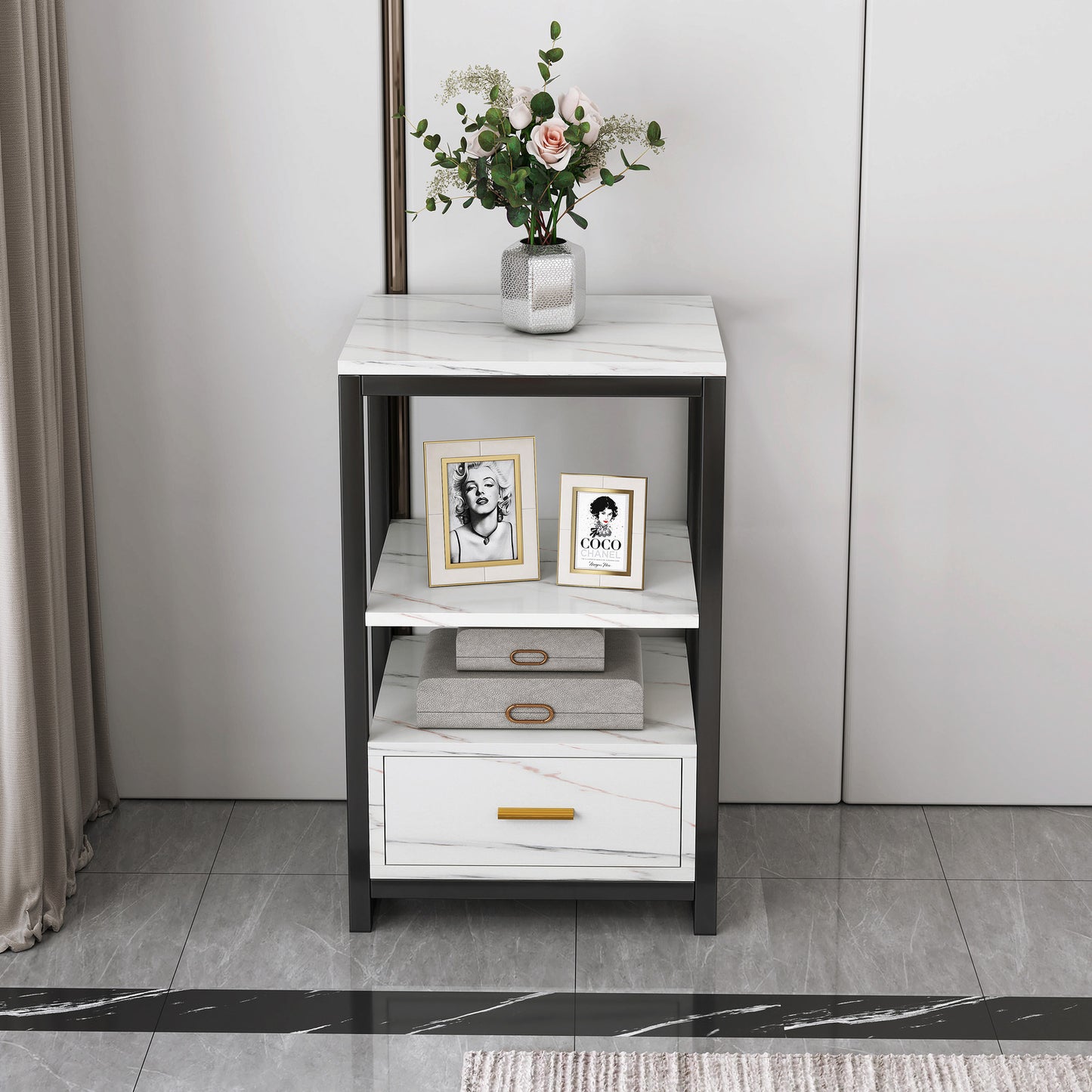 Synergy Luxury Marble Look Side Table Nightstand (White)