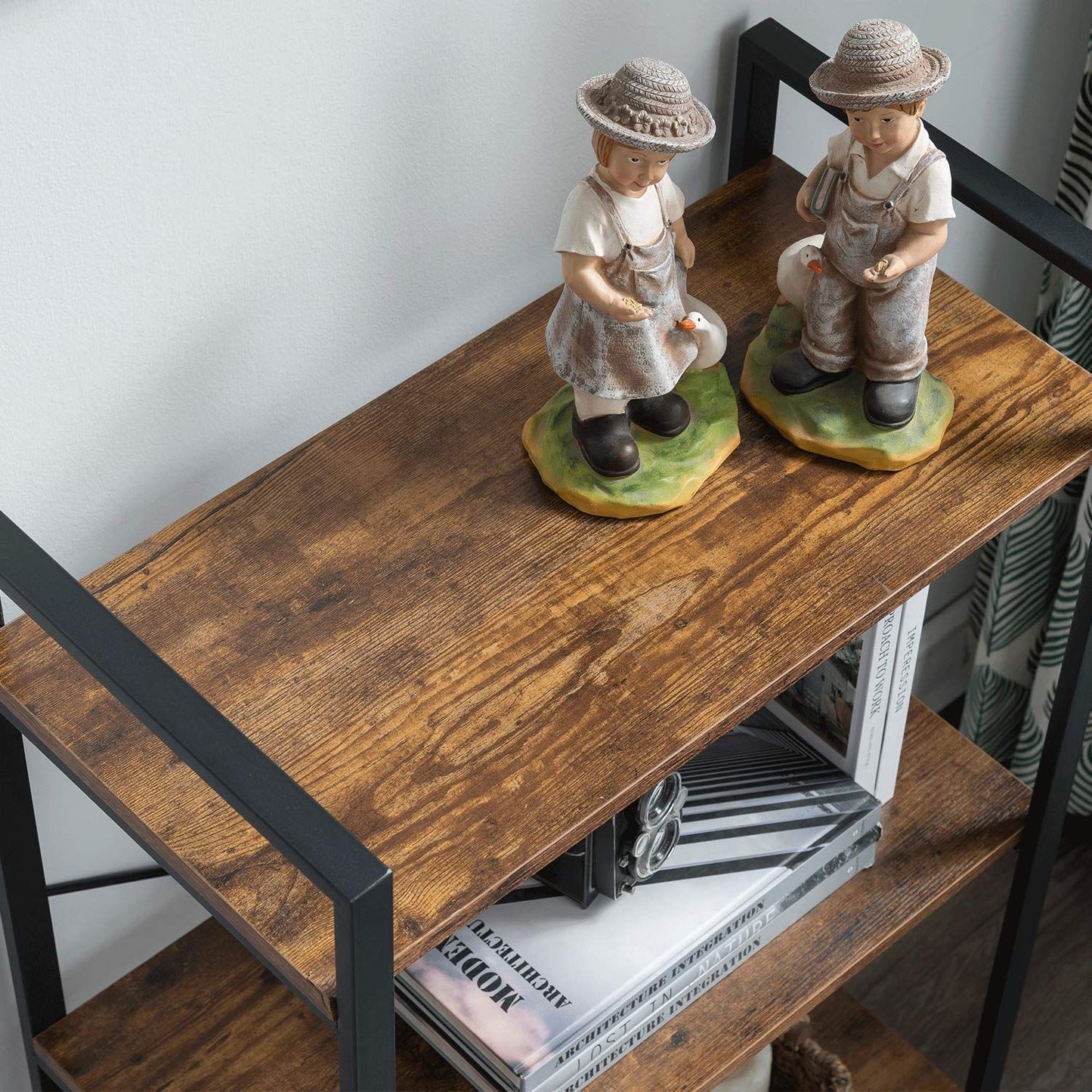 Multifunction Bookcase 3 Tier Rustic Wood Steel Storage Shelf Organizer