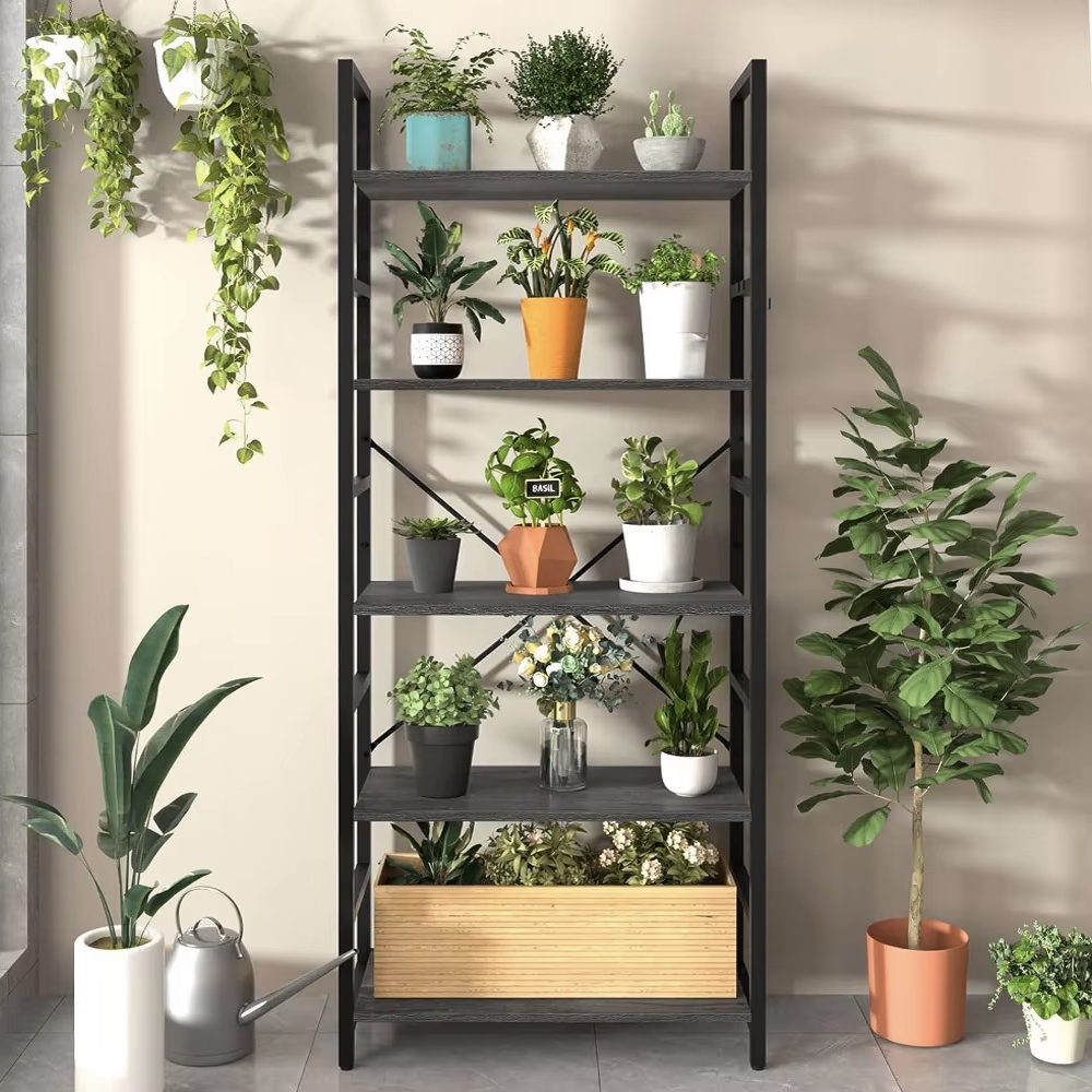 5 Tier Multifunction Heavy Duty Bookcase Wood & Steel Storage Shelf Organizer (Driftwood Grey)