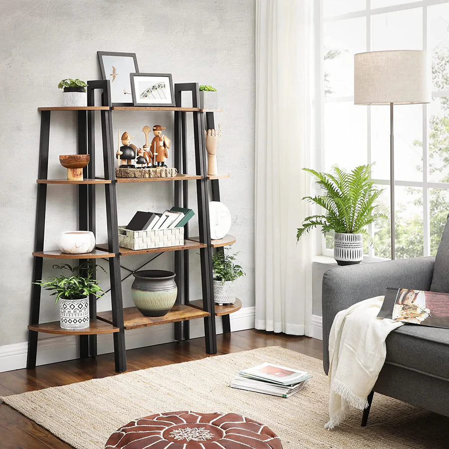 Elevate Rustic Wood & Metal 4-Tier Ladder Shelf Bookcase Storage Organizer