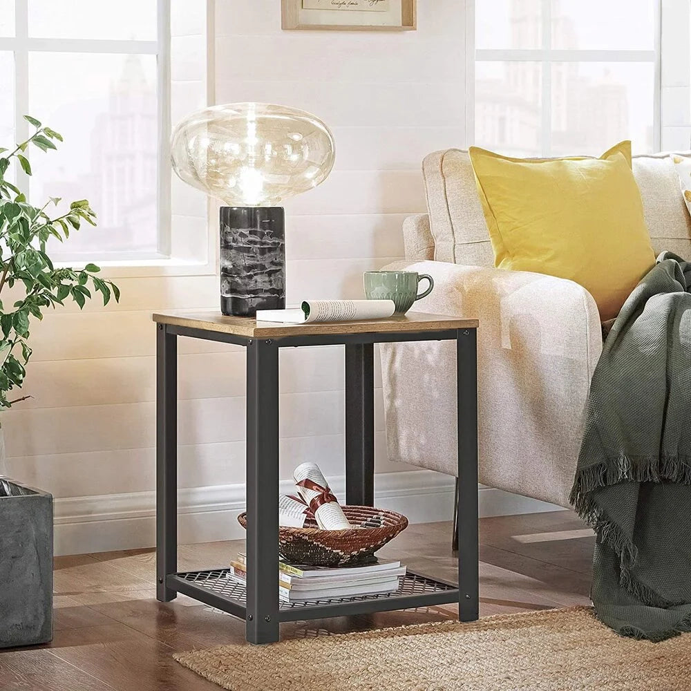 Loft Rustic Oak Industrial Wood & Steel Side Table with Storage Shelf