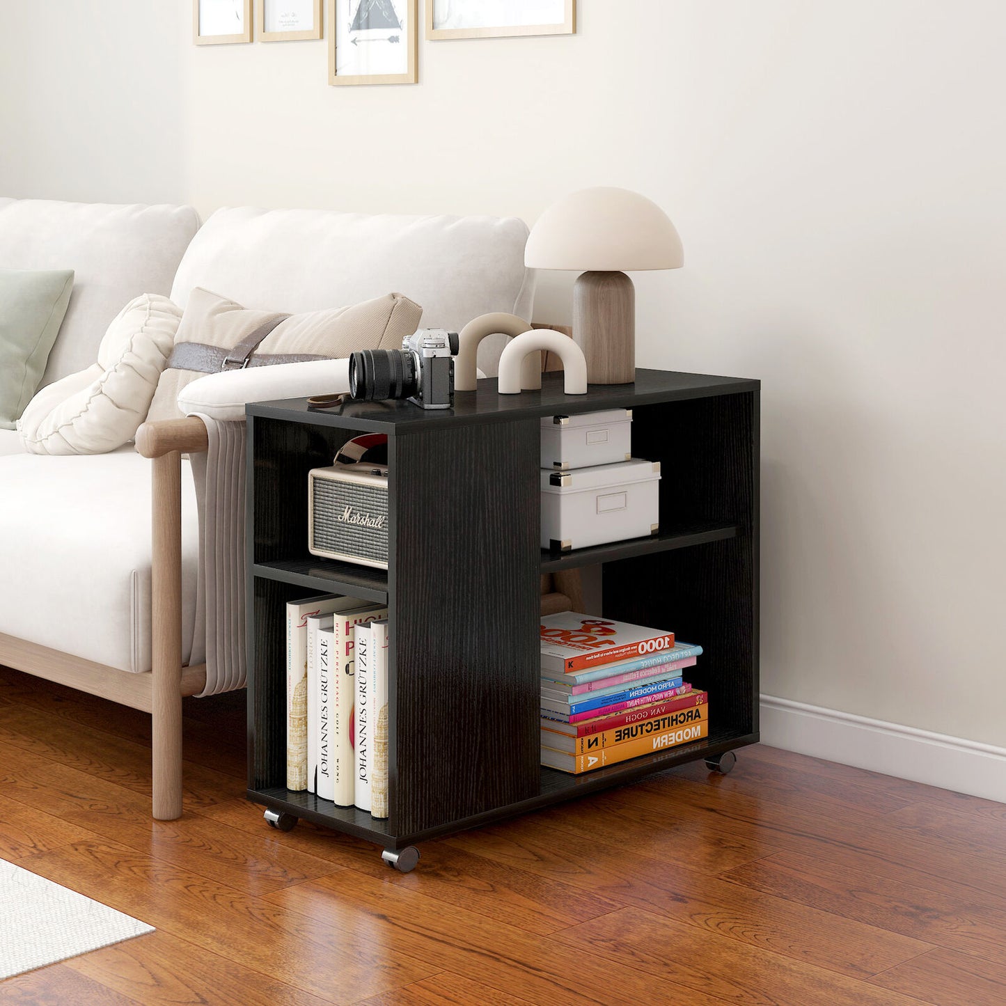 Versatile Sofa Side Table & Magazine Shelf with Casters (Black)