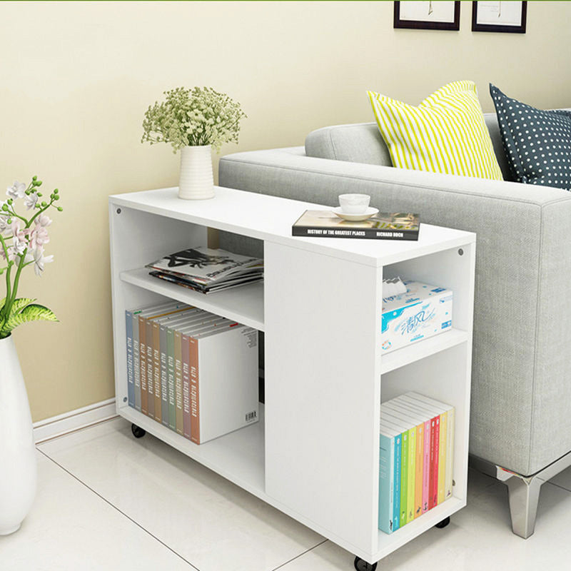 Versatile Sofa Side Table & Magazine Shelf with Casters (White)