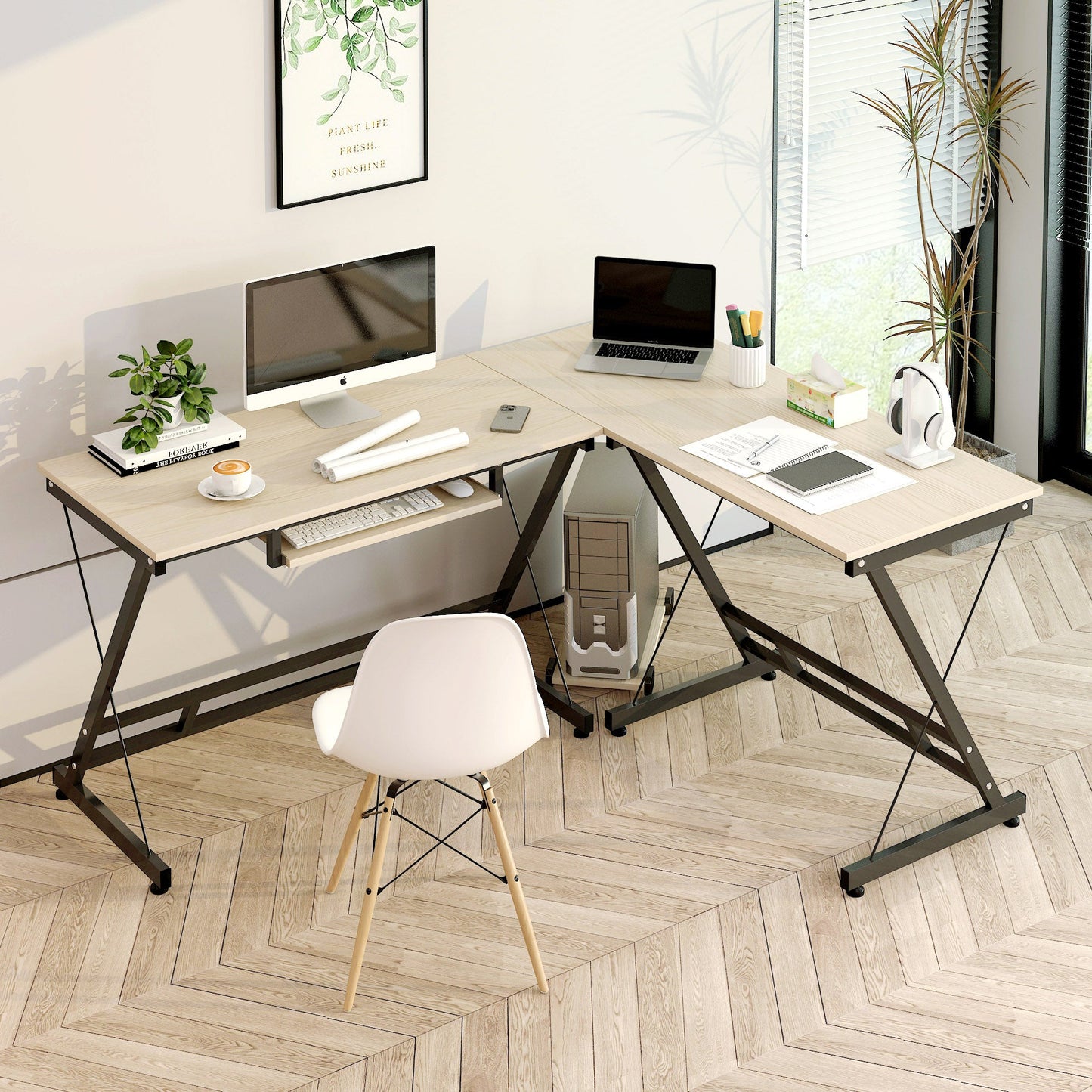 Oracle Corner Computer Desk Office Double Workstation (White Oak)