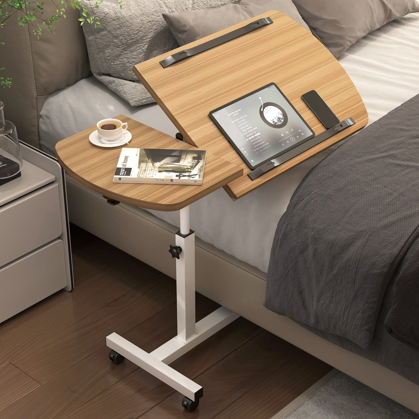 Motif 2-in-1 Adjustable Portable Sofa Bed Side Table Laptop Desk with Wheels (Oak)