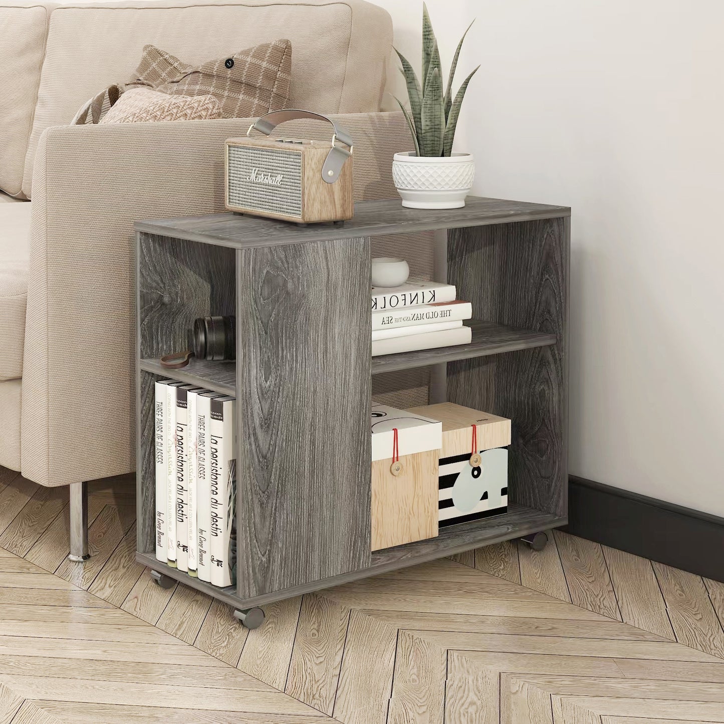 Versatile Sofa Side Table & Magazine Shelf with Casters (Driftwood Grey)