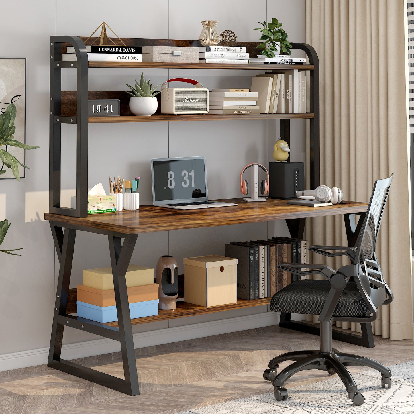Aspire Large Industrial Office Computer Desk Workstation with Bookshelf (Rustic Wood)