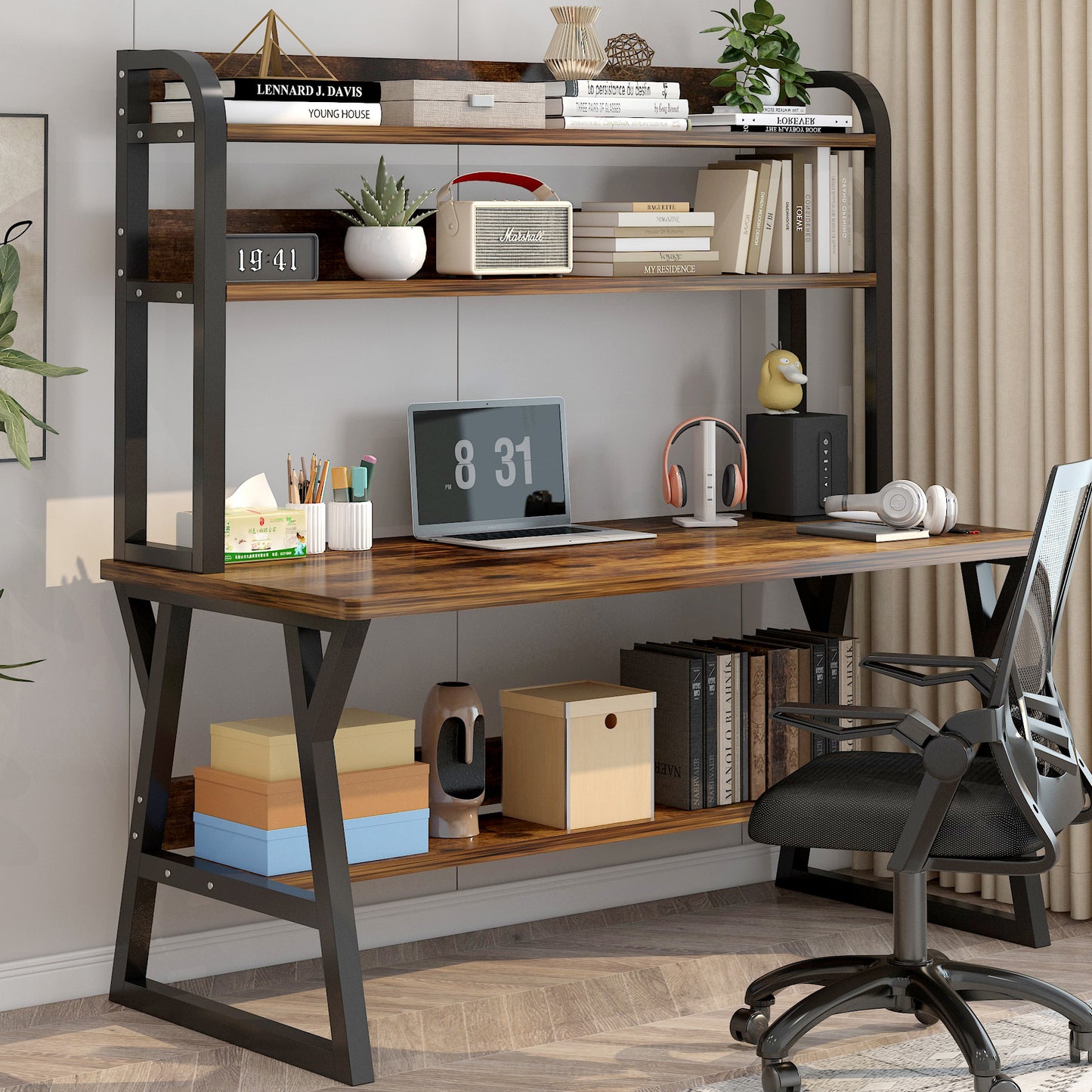 Aspire Large Industrial Office Computer Desk Workstation with Bookshelf (Rustic Wood)