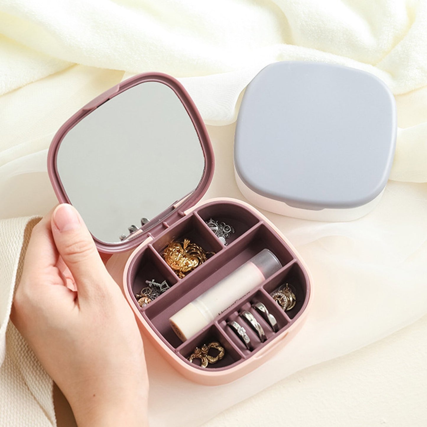 Portable Beauty Case with Mirror Travel Jewellery Box Makeup Cosmetic Storage Organizer