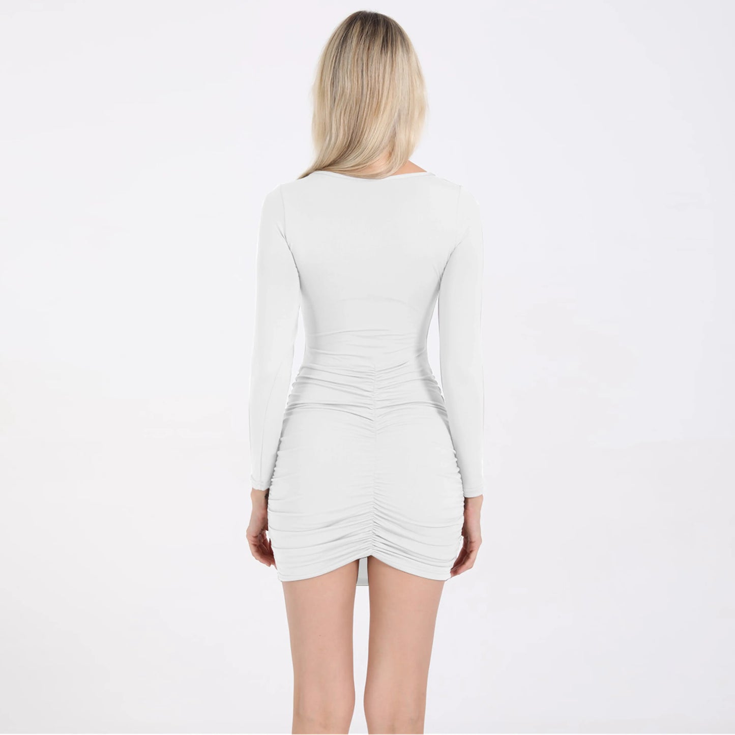 Long Sleeve Ruched Bodycon Mini Dress (White)