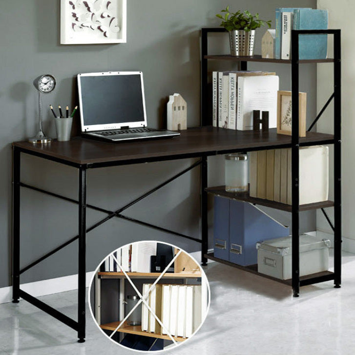 Exceeder Large Workstation Wood & Steel Computer Desk with Bookcase (Black Walnut)