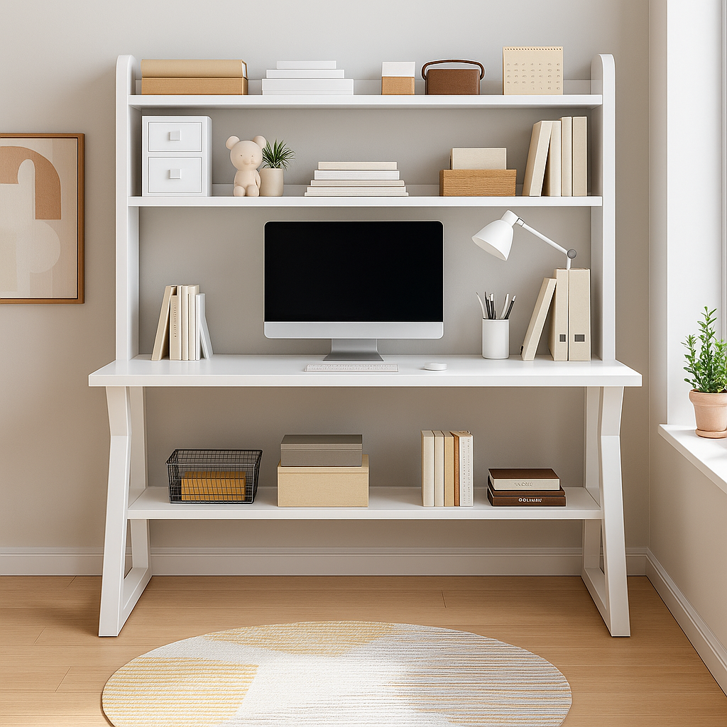 Aspire Large Industrial Office Computer Desk Workstation with Bookshelf (White)