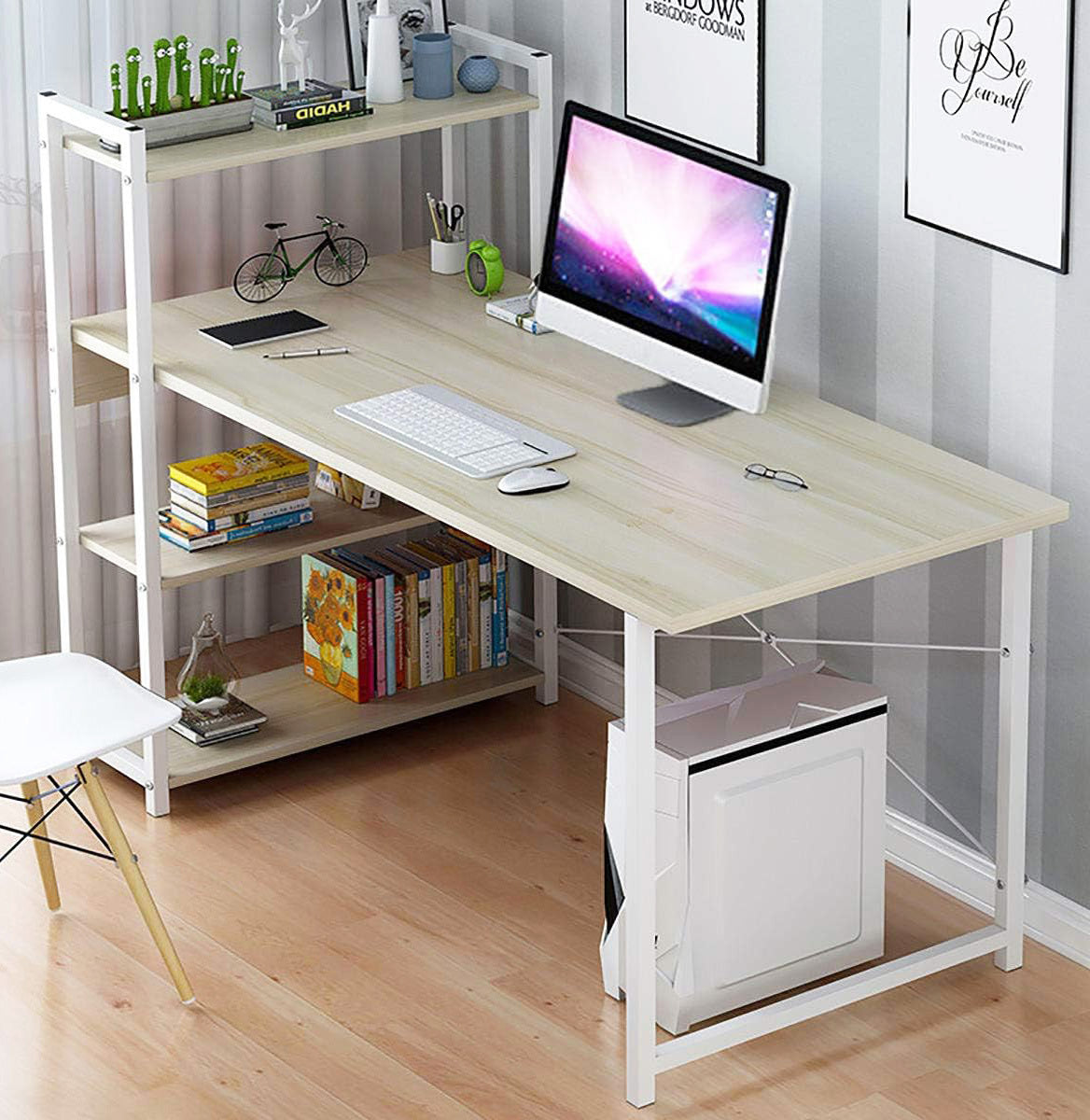 Exceeder Large Workstation Wood & Steel Computer Desk with Storage Shelves (White Oak)