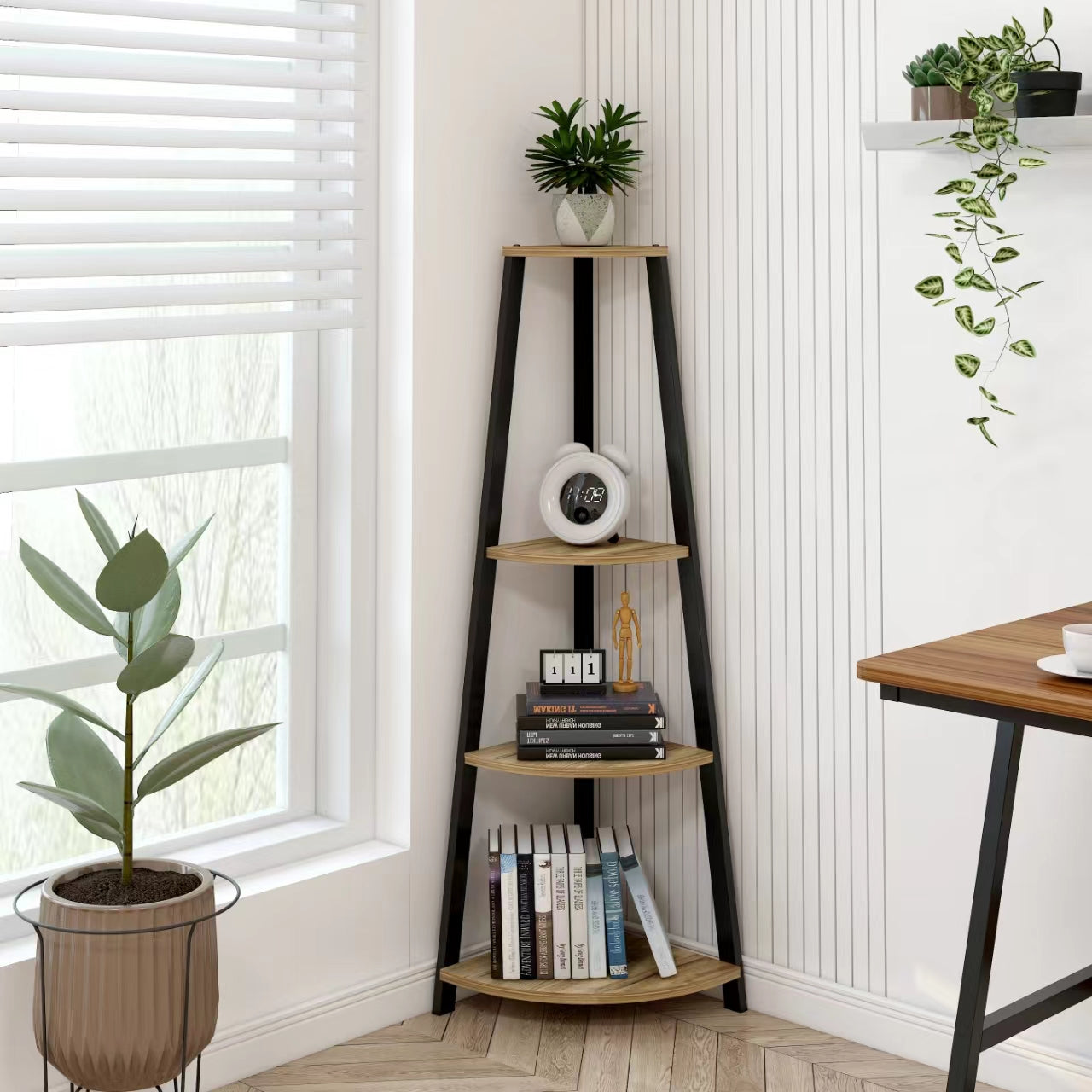 4-Tier Corner Ladder Shelf Unit Rustic Wood & Steel Display Stand Storage Rack (Oak)