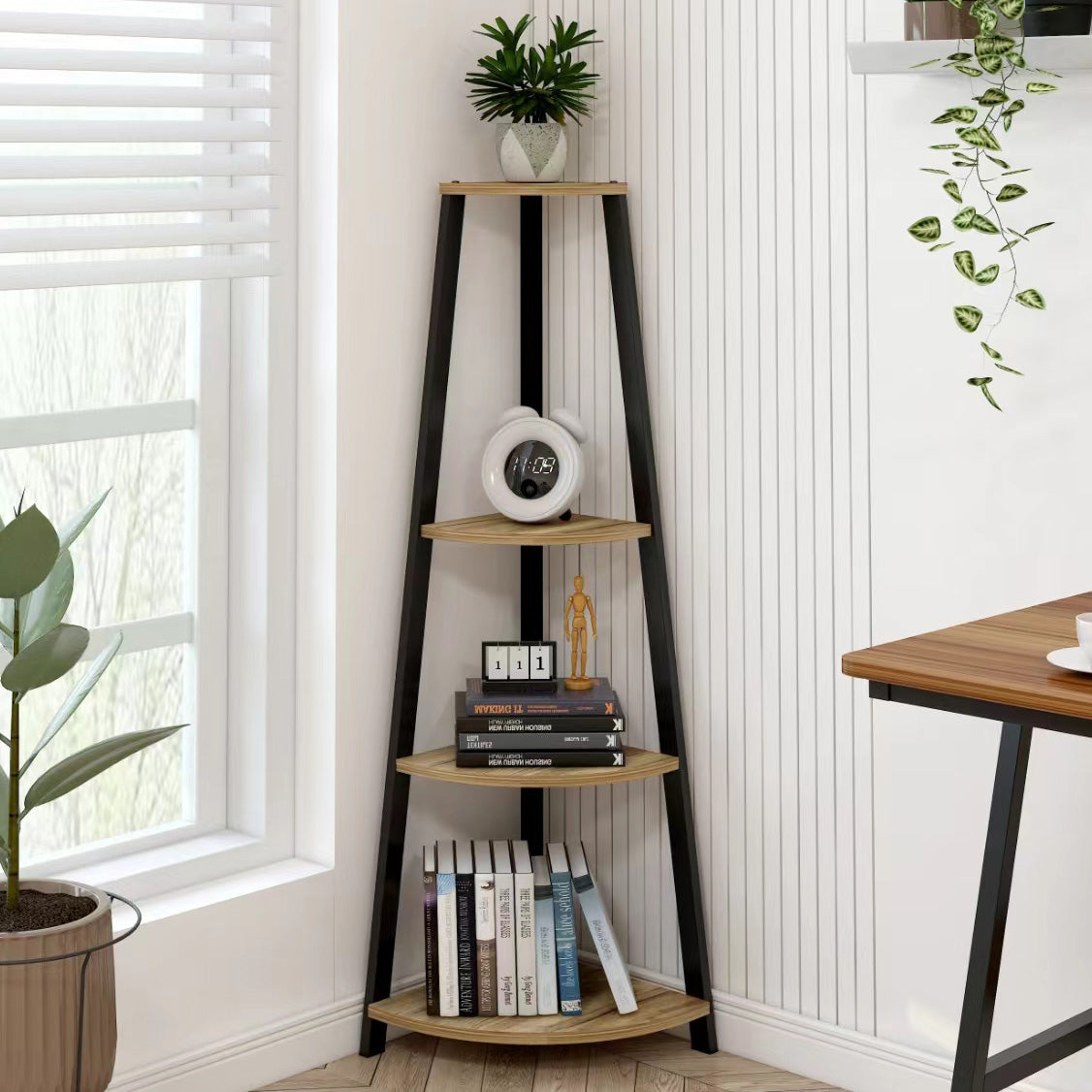 4-Tier Corner Ladder Shelf Unit Rustic Wood & Steel Display Stand Storage Rack (Oak)
