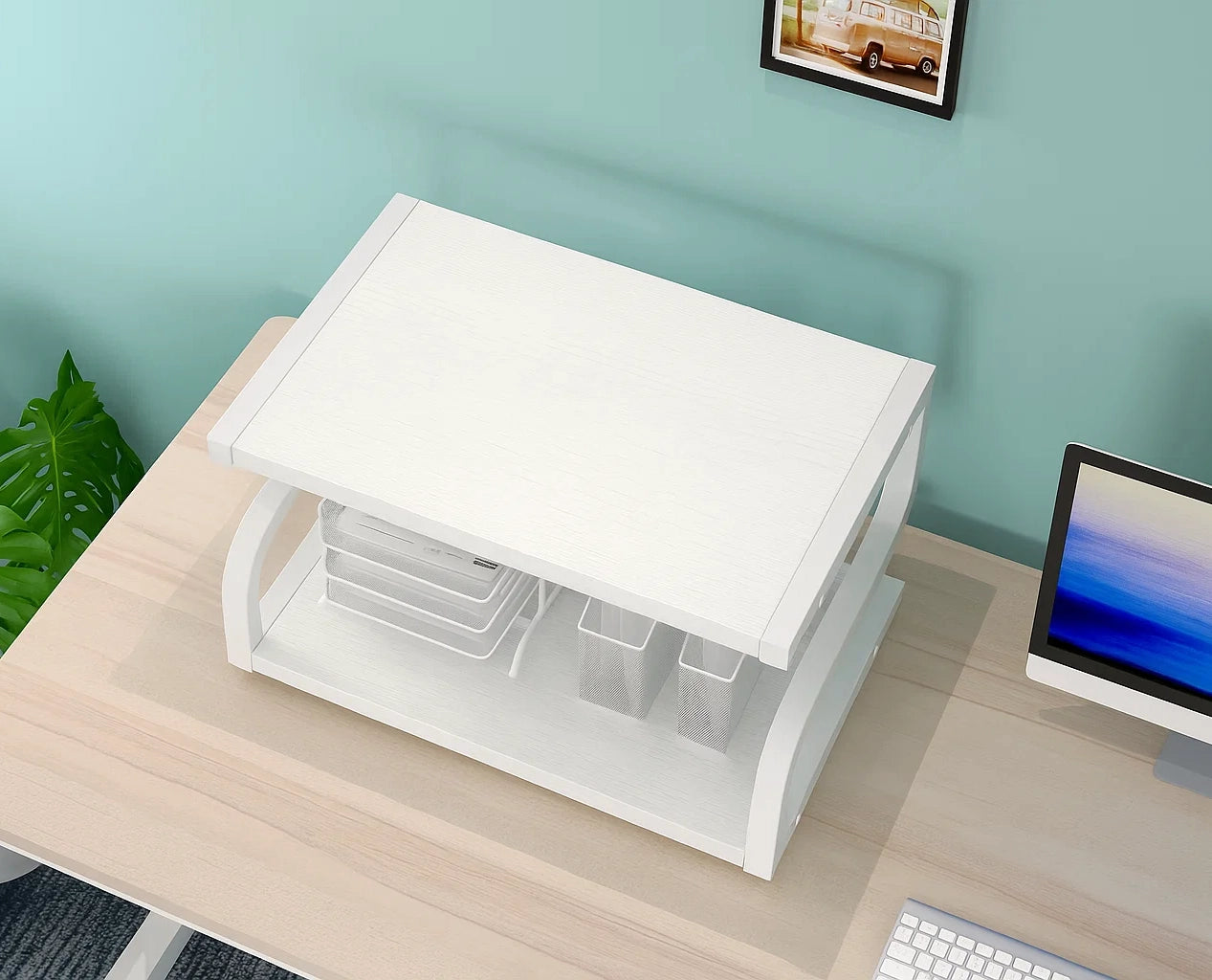 Deluxe Rustic Oak Desktop Shelf Wood & Steel Printer Stand Storage Rack Organizer (White)