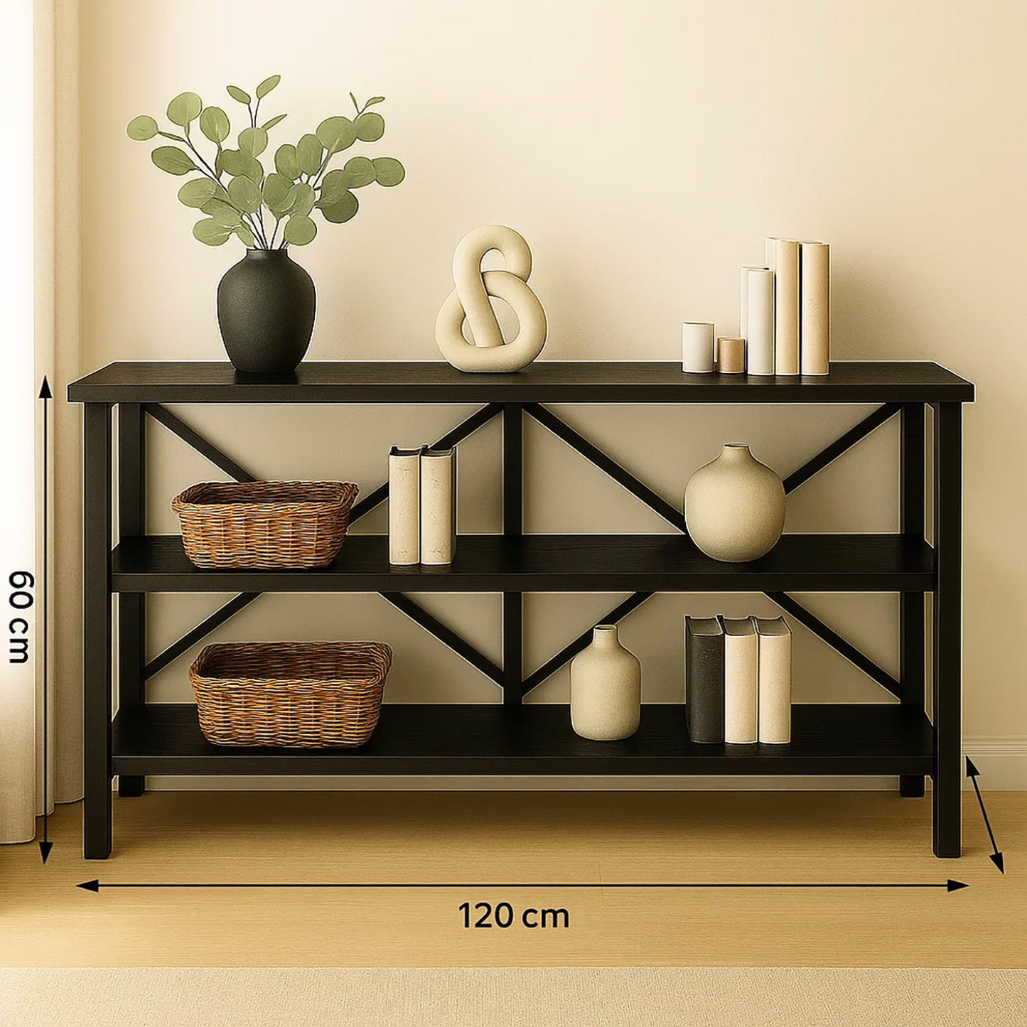 Serenity Industrial Console Table Bookcase TV Stand Storage Shelf Unit (Black)