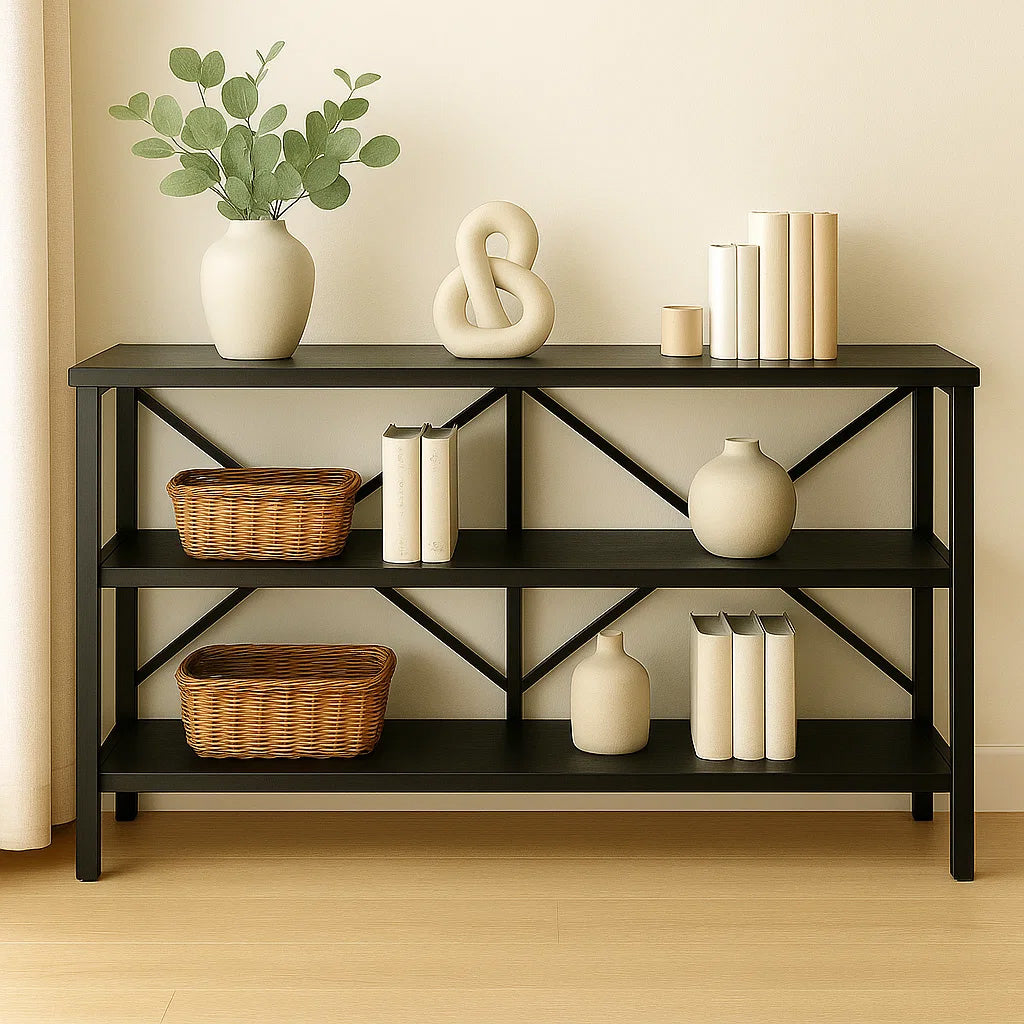 Serenity Industrial Console Table Bookcase TV Stand Storage Shelf Unit (Black)