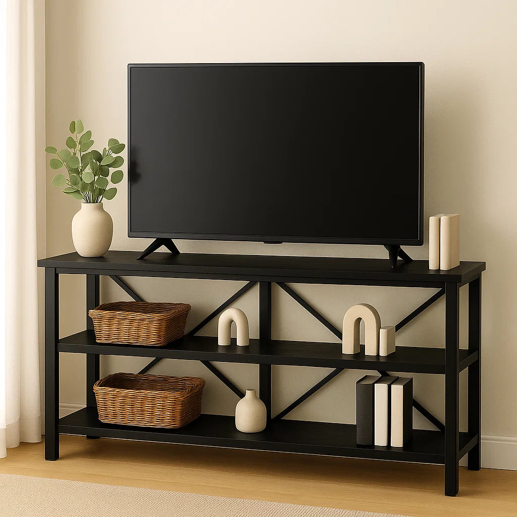 Serenity Industrial Console Table Bookcase TV Stand Storage Shelf Unit (Black)