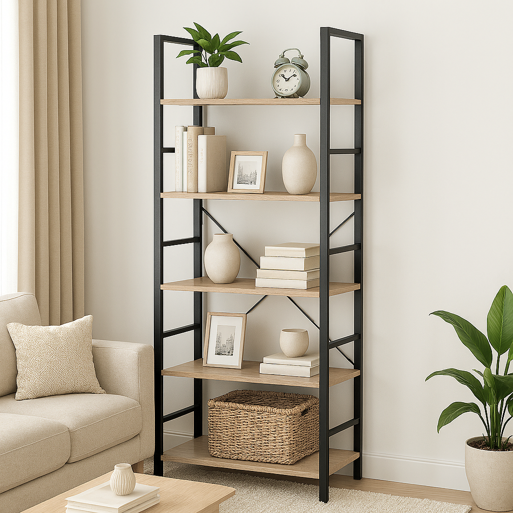 5 Tier Multifunction Heavy Duty Bookcase Wood & Steel Storage Shelf Organizer (Coastal Oak)