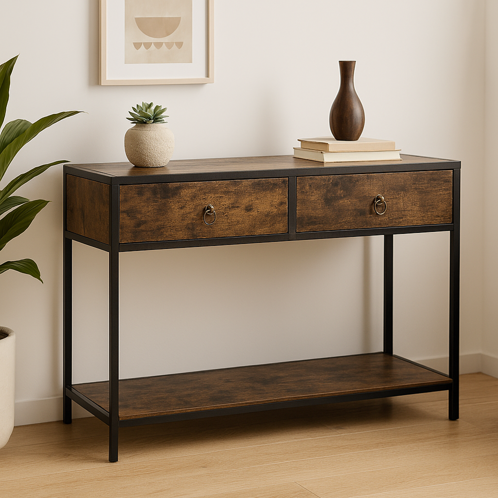 Essence Rustic Console Table with Drawers Hallway Entry Storage Shelf