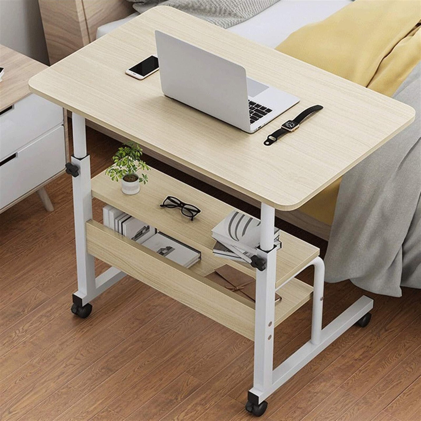 Calibre 2-tier Sofa Bed Side Table Laptop Desk with Shelves and Wheels (White)