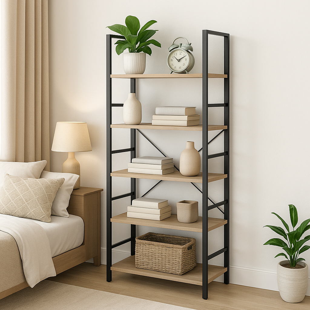 5 Tier Multifunction Heavy Duty Bookcase Wood & Steel Storage Shelf Organizer (Coastal Oak)