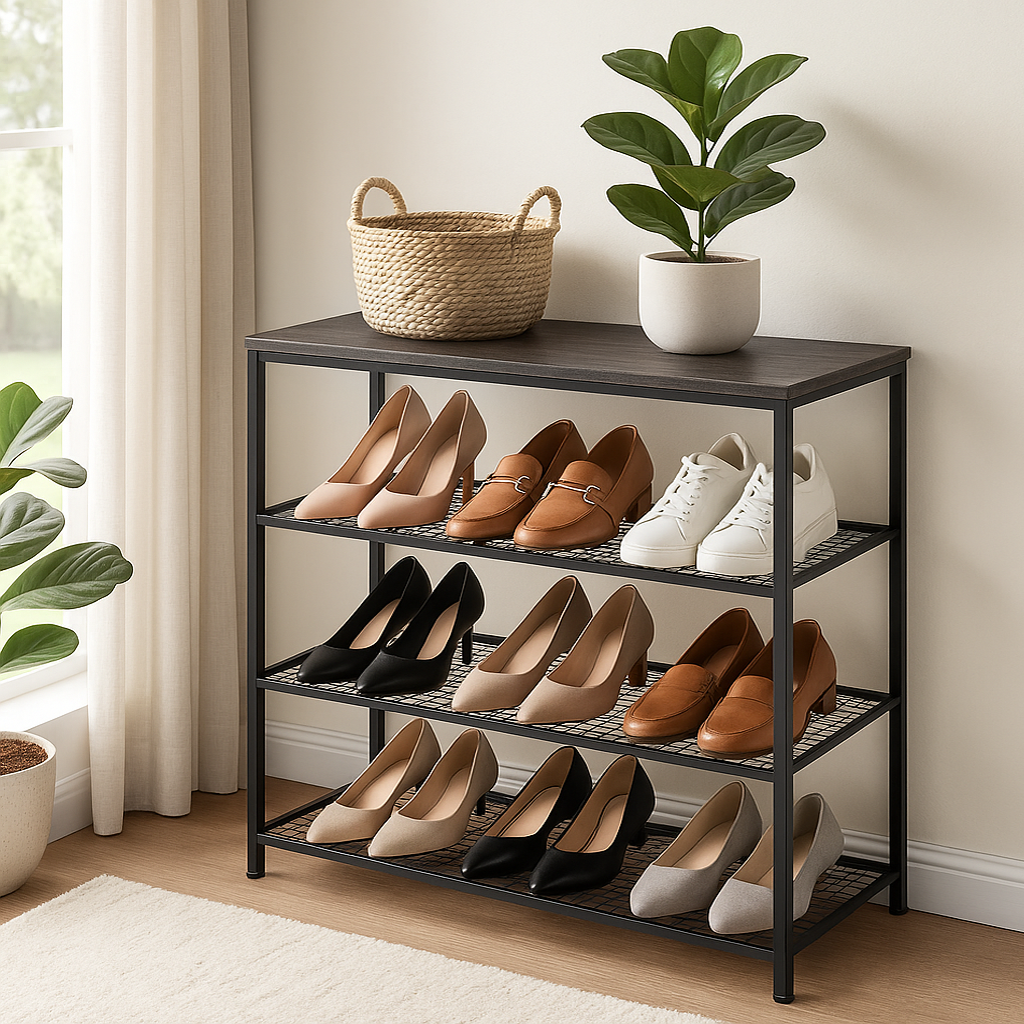 Vita 4-Tier Wood & Metal Shoe Rack Storage Shelf Organiser (Driftwood Grey)