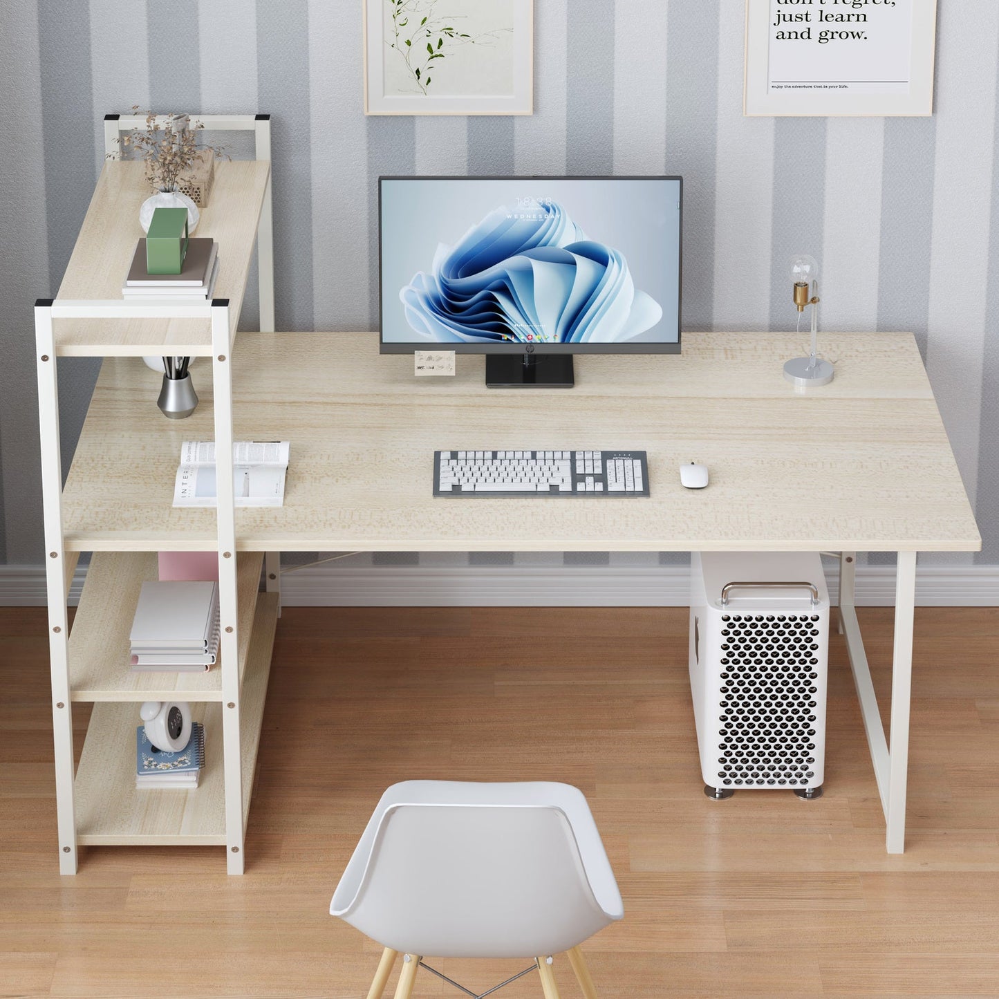 Exceeder Large Workstation Wood & Steel Computer Desk with Storage Shelves (White Oak)