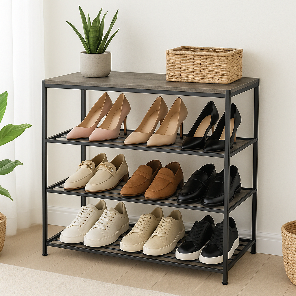 Vita 4-Tier Wood & Metal Shoe Rack Storage Shelf Organiser (Driftwood Grey)