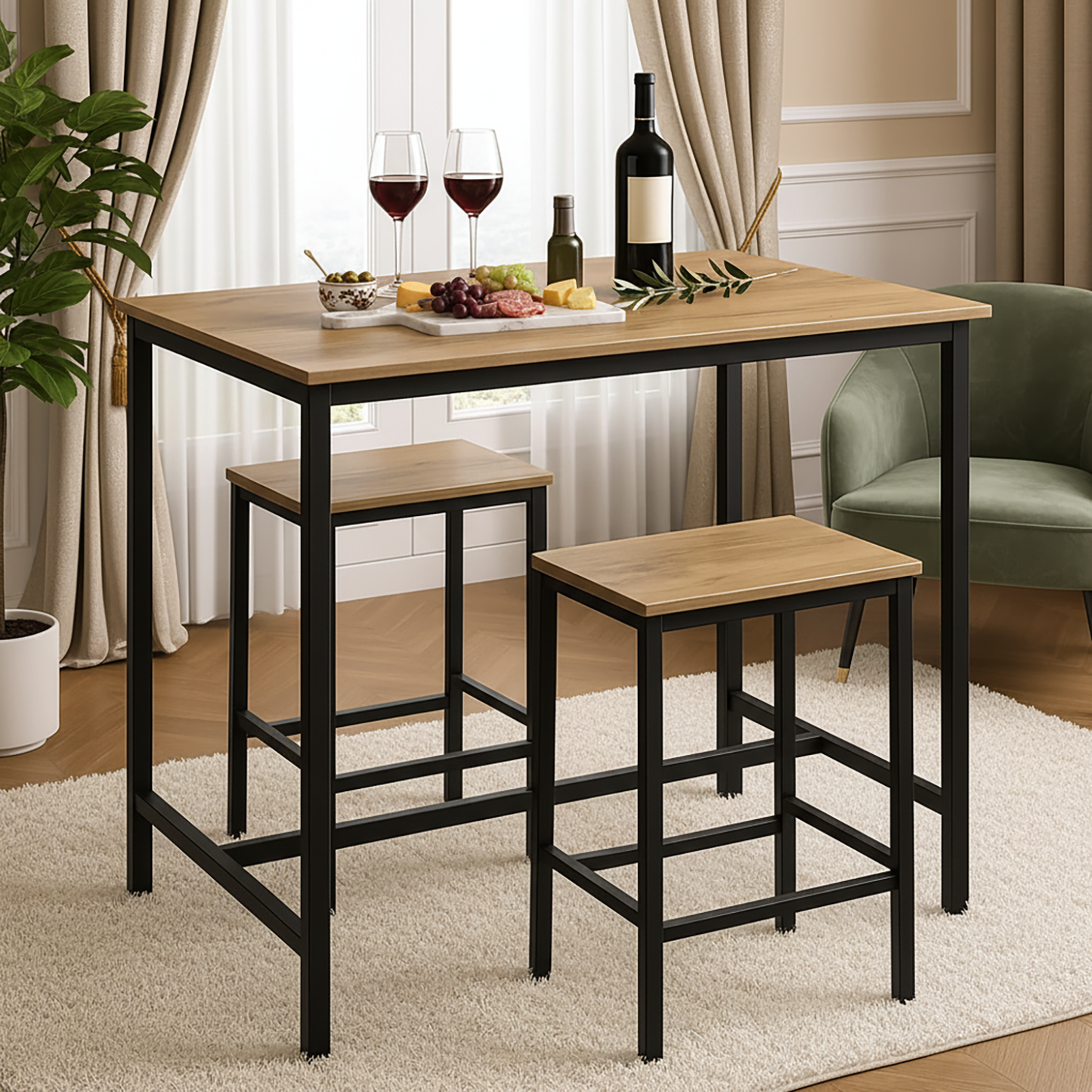 3 Piece Grandeur Premium Wood & Steel Bar Table and Stools Dinning Set (Rustic Oak)