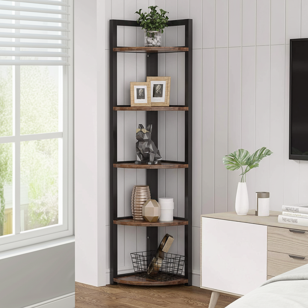 Optima 5 Tier Rustic Wood & Steel Corner Shelf Organizer Unit