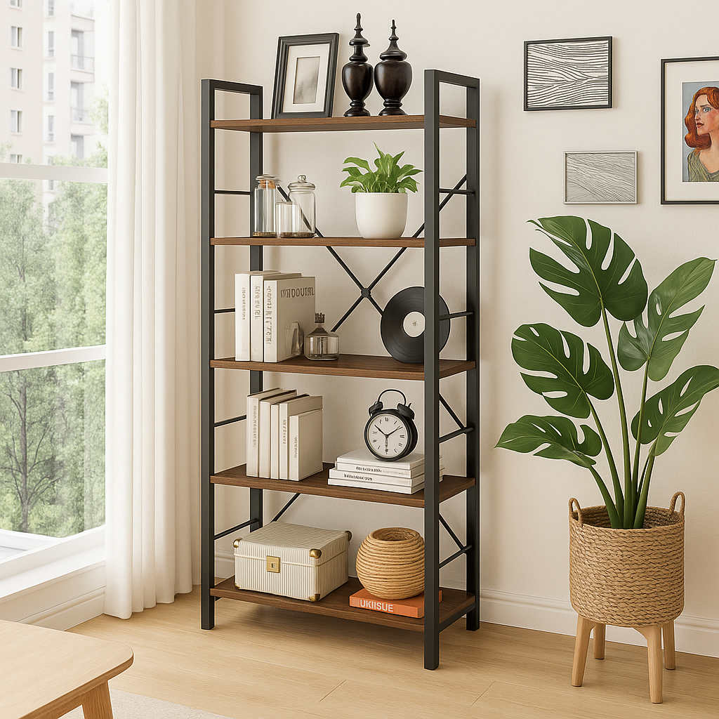 5 Tier Multifunction Heavy Duty Bookcase Rustic Wood & Steel Storage Shelf Organizer