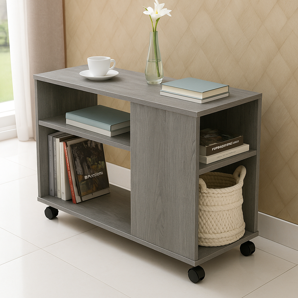 Versatile Sofa Side Table & Magazine Shelf with Casters (Driftwood Grey)