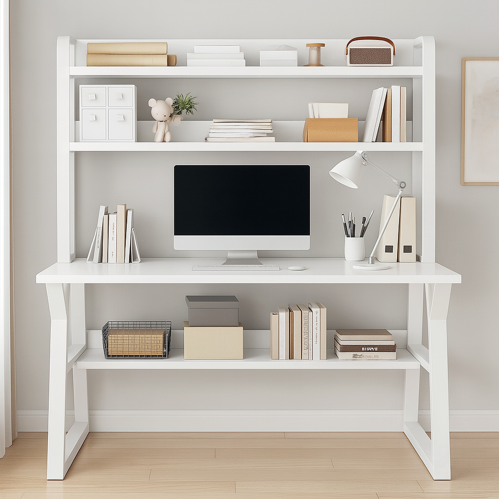 Aspire Large Industrial Office Computer Desk Workstation with Bookshelf (White)