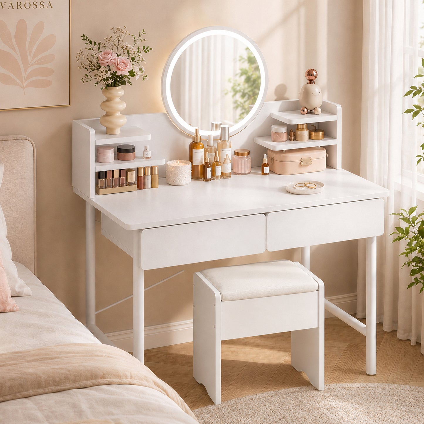 Modern White Multipurpose Padded Vanity Dressing Stool