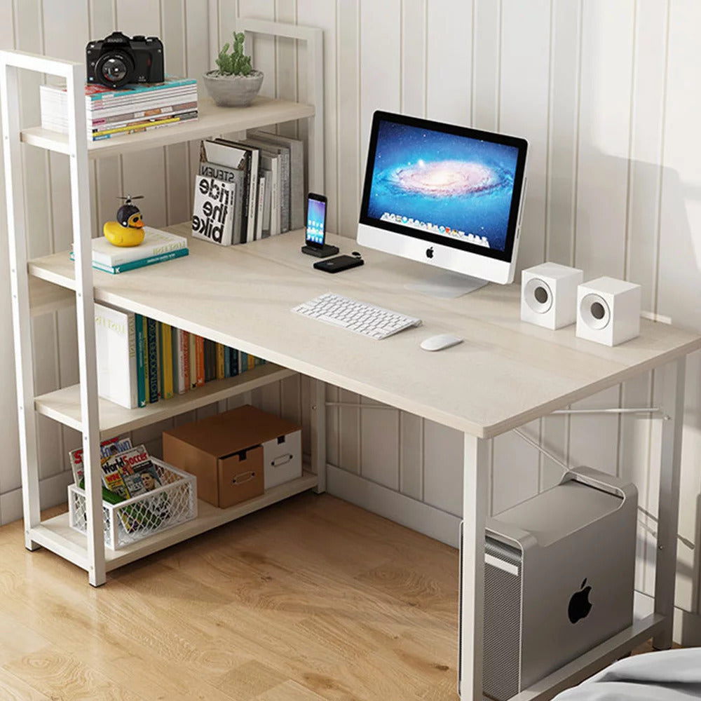 Exceeder Large Workstation Wood & Steel Computer Desk with Storage Shelves (White Oak)