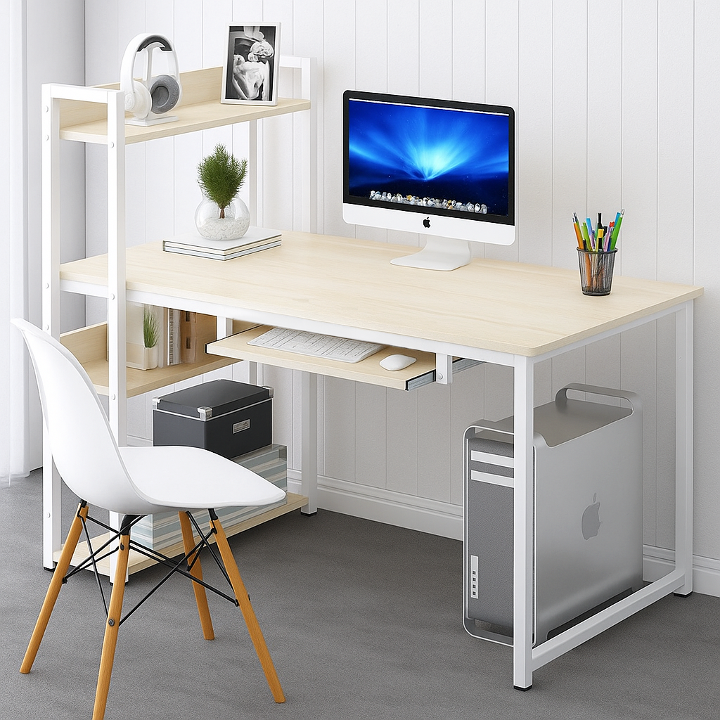 Genius Large Workstation Wood & Steel Computer Desk with Storage Shelves (White Oak)