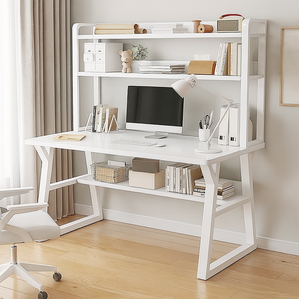 Aspire Large Industrial Office Computer Desk Workstation with Bookshelf (White)