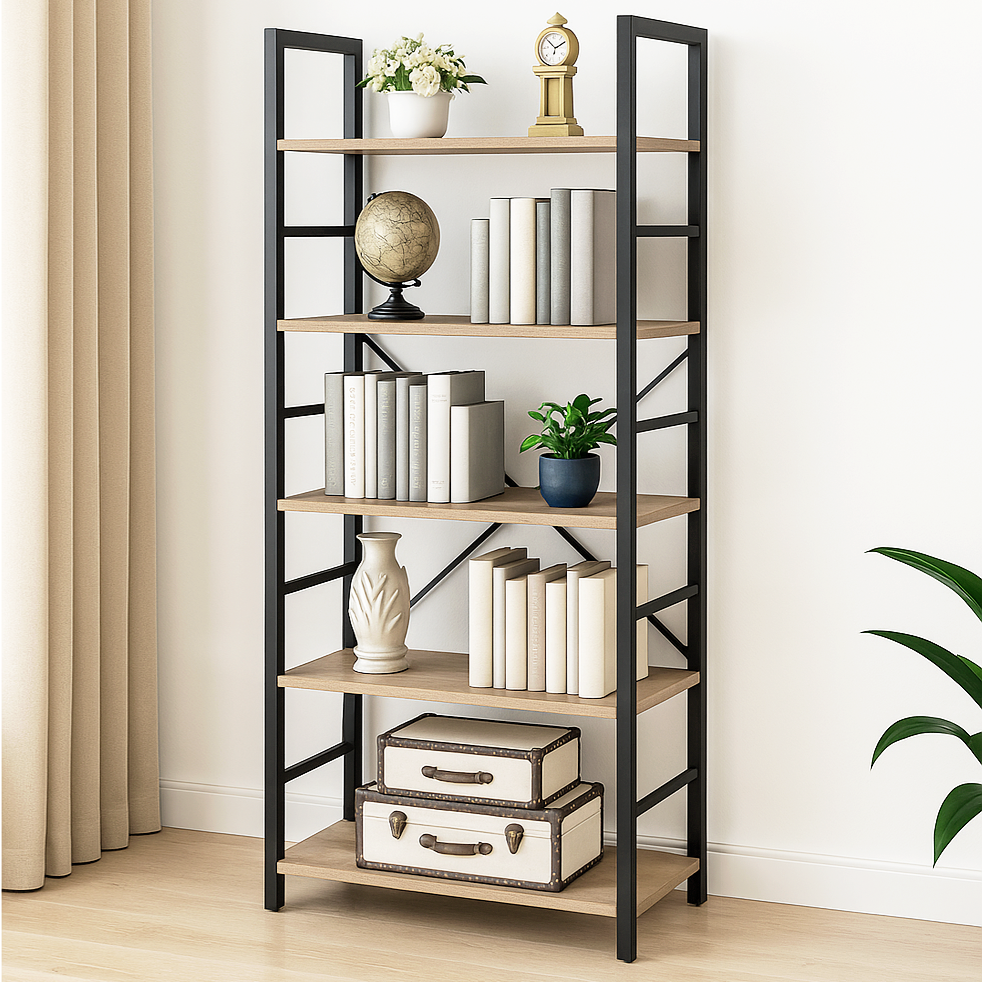 5 Tier Multifunction Heavy Duty Bookcase Wood & Steel Storage Shelf Organizer (Coastal Oak)