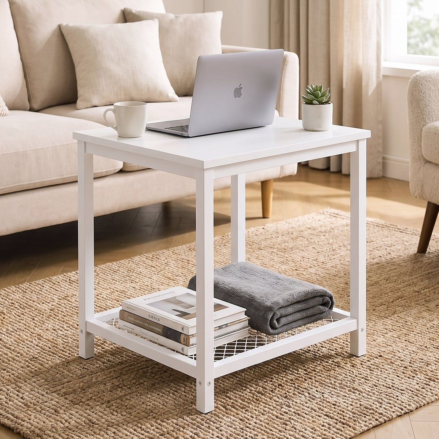 Loft White Industrial Wood & Steel Side Table with Storage Shelf