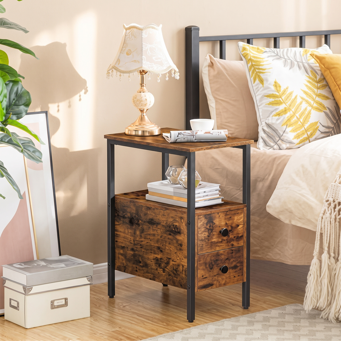Verona Rustic Wood & Metal Bedside Sofa Side Table with Drawers
