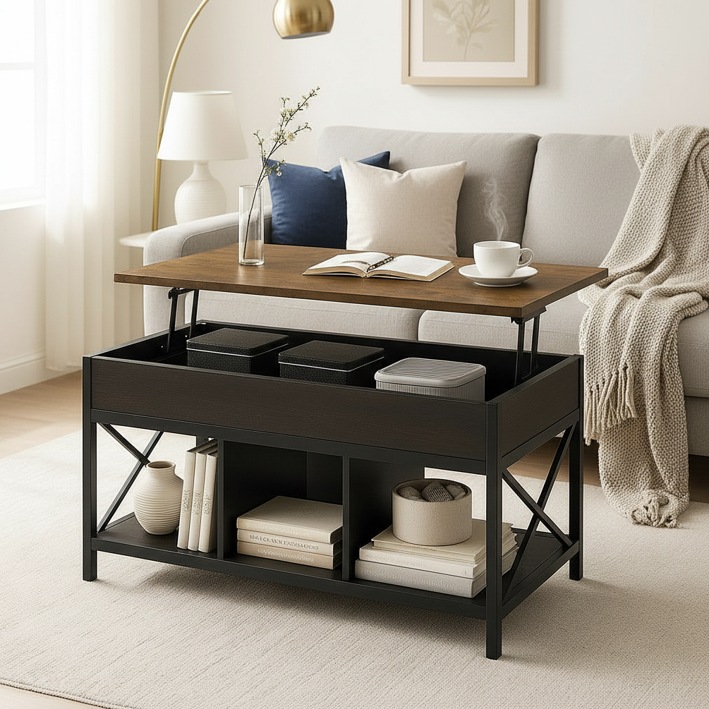 Elara Multifunction Lift Top Coffee Table with Hidden Storage Shelf Organizer