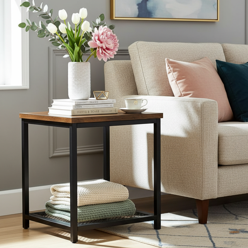 Loft Rustic Industrial Wood & Steel Side Table with Storage Shelf