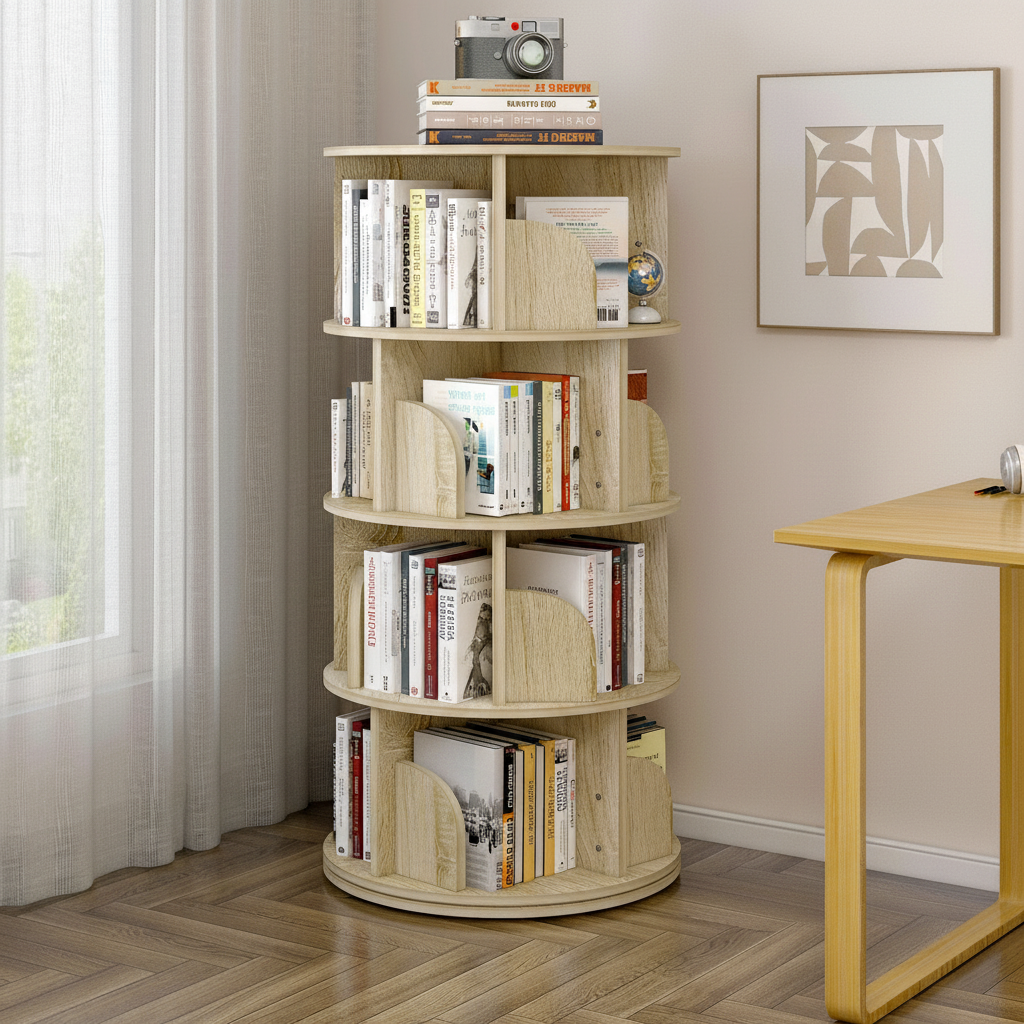 Sanctuary 360-degree Rotating 4 Tier Display Shelf Bookcase Organiser (Coastal Oak)