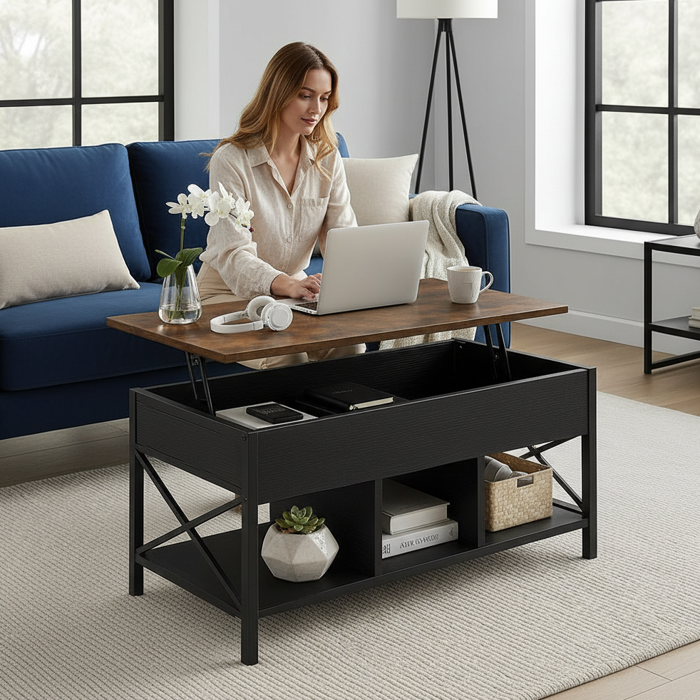 Elara Multifunction Lift Top Coffee Table with Hidden Storage Shelf Organizer