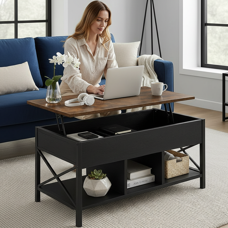 Elara Multifunction Lift Top Coffee Table with Hidden Storage Shelf Organizer
