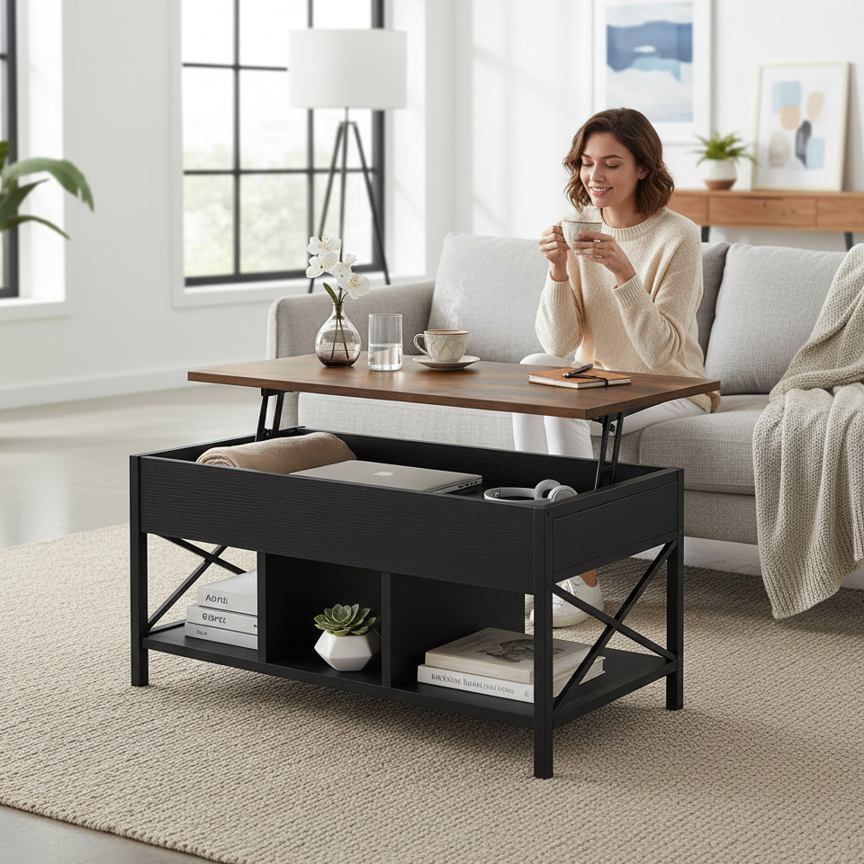Elara Multifunction Lift Top Coffee Table with Hidden Storage Shelf Organizer
